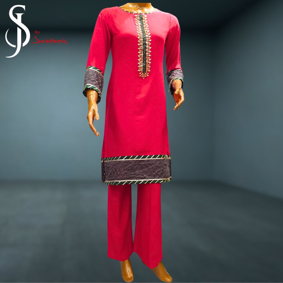 Hand Embroidered Silk Dress with Lace