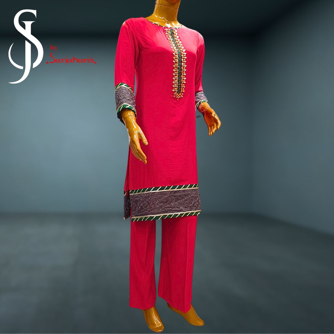 Hand Embroidered Silk Dress with Lace